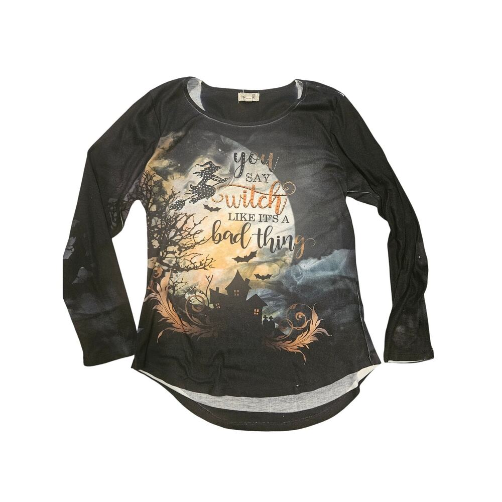 One world womens shirt medium whitch Halloween screen printed rhinestone henley